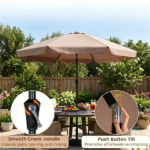 Brown 10ft Scalloped Patio Umbrella with Push‑Button Tilt, Vented Outdoor Market Parasol with Crank Lift, Fiberglass Ribs Sun Shade for Backyard Deck Poolside - Image 4