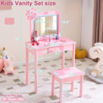 Pink MDF + solid wood legs, spray paint + silkscreen printing, cow pattern, 1-drawer children's dressing table set, LED three-color backlit touch switch - Image 8