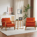 Mid-Century Modern Accent Chair with Wooden Frame - Oak Armrest, Linen-Cotton Burnt Orange Upholstery, Single Seater Lounge Chair for Living Room (Weight Capacity 330LBS) - Image 21