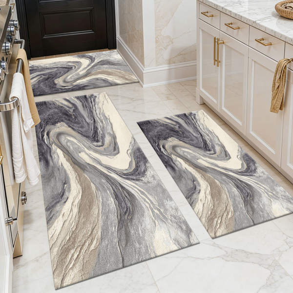 f07997b7-e3e3-4732-ba67-0192d6c63e22.png Three-piece kitchen rug set, non-slip and washable, abstract pattern kitchen hallway rug, soft and comfortable, suitable for sinks, floors, entrances, hallways and bathrooms. - Image 1