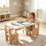 3-Piece Kids Activity Table and Chair Set with Storage Bins & Replaceable Paper Roll, Multi-Functional Chalkboard Activity Desk with 2 Ergonomic Chairs for Children Learning & Sensory Play - Image 9