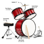 14"x10" 3-Pieces Junior Kids Drum Set Kit Pedal Drum Stick Wrench Drum Stool Red - Image 4