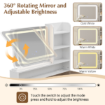 Makeup Vanity with LED Lighted Mirror, 360° Rotatable Mirror, Vanity Desk with 2 Drawers,Power Outlet and 3-Tier Shelves, Amber Glass Table Top, Dressing Table with Sturdy Metal Leg and Stool, White - Image 6