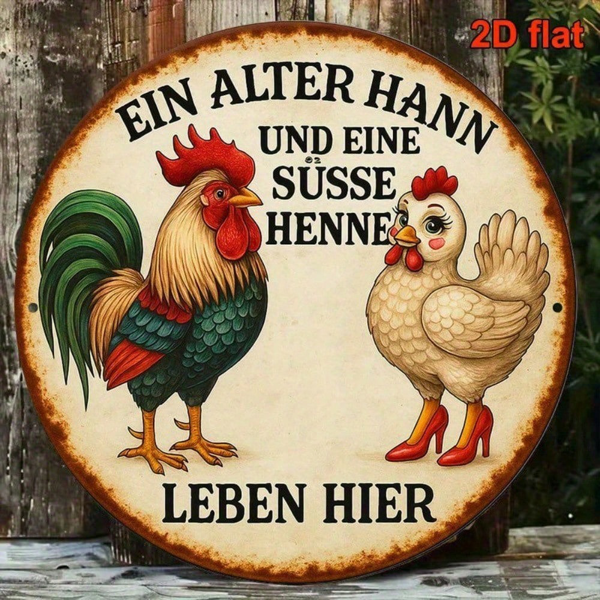CIFbuy 1pc 8x8 Inch Round French Aluminum Sign, Vintage Rooster & Cute Hen Farm Animal Decorative Plaque, 2D Flat Metal Wall Art For Ki TikTok, TikTok, Farm Self-pickup Logiopics