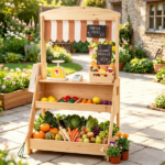 2-in-1 Kids Outdoor Mud Kitchen & Farmers Market Stand, Carbonized Fir Wood Pretend Grocery Store with 25 Pcs Play Food Accessories Double Chalkboards Planter Box - Image 11