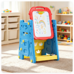 Blue 3-in-1 Kids Double Sided Art Easel, Magnetic Whiteboard & Chalkboard Standing Drawing Board with Adjustable Height Angle, Storage Tray Book Rack Complete Painting Accessories PP Play Easel Gift - Image 9