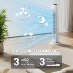 US Standard RTW-AR Tower Fan, 110V 45W, 32 Inch, Column Shape, White Plastic Body, Copper Motor, Touch & Remote Control, 3 Speeds, 3 Modes, Oscillating Function, 7.5-Hour Timer, For Home Use - Image 9