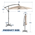 10FT Round Banana Hanging Patio Umbrella with 18 LED Lights, 6 Iron Ribs, Iron Straight & Curved Pole, Waterproof Polyester Canopy, with Stand Sleeve and Cross Base, Khaki - Image 16