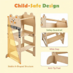 3-in-1 Convertible Toddler Learning Tower Step Stool with Chalkboard, Poplar Wood Flip Design Weaning Table Stool Set Anti-Tip Safety Guardrail 110 LBS Load for Kids 18+ Months Cat Pattern - Image 5