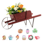 2 In 1 Wheelbarrow Planter Wooden Wagon Planter with 9 Magnetic Accessories for Garden Yard - Image 5