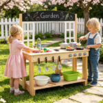 Natural Wooden Kids Mud Kitchen Playset with Bench & Removable Sink, Complete Cookware Accessories Pretend Play Kitchen for Toddlers 3+ - Image 5