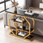 39.5" Modern Sofa Table with 4-Tier Storage, Black & Gold Console Table with Faux Marble Top for Living Room Entryway - Image 10