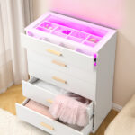 Particleboard Wood Three Drawers With LED Light Bedside Table Dresser Nightstand White - Image 12