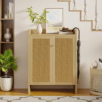 42.5" Tall Rattan Shoe Cabinet with Doors, 6-Tier Wooden Freestanding Shoe Storage Organizer with Adjustable Shelves, Mid-Century Entryway Shoe Cabinet for Hallway & Living Room - Image 13