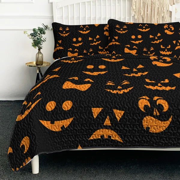 Halloween Pumpkin Face Quilt Set Girly Jack O Lantern Design All Season, Lightweight, Coverlet Bedspread Bedding, 2 Matching Shams, Orange Black, Queen(90"x90"), 3 Piece