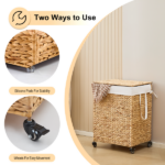 100L 2-Section Laundry Hamper with Lid and Wheels, Woven Natural Water Hyacinth Rolling Laundry Hamper - Image 5