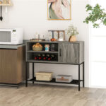 Rustic Brown Sideboard with 2 AC Outlets & 2 USB Ports, Charging Buffet Cabinet with Wine Rack- Gray - Image 8