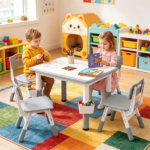 Height Adjustable Kids Desk and 4 Chairs Set, Graffiti Wipeable Tabletop Toddler Activity Table with Storage Baskets - Image 9