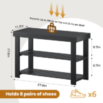 27-In Bamboo Shoe Rack & Bench, 3-Tier 280 lb Capacity Storage Organizer for Entryway, Living Room, Balcony, Black - Image 2