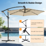 10FT Round Banana Hanging Patio Umbrella with 18 LED Lights, 6 Iron Ribs, Iron Straight & Curved Pole, Waterproof Polyester Canopy, with Stand Sleeve and Cross Base, Khaki - Image 17