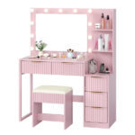 Pink particleboard with a melamine finish, 5-drawer, 2-tiered dressing table set with 11 three-tone light bulbs, power strip, and grille. - Image 5