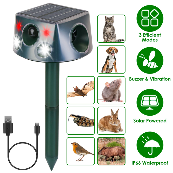 Solar & Type-C Rechargeable Animal Repeller - 3 Modes Ultrasonic+Buzzer+Vibration, IP66 Waterproof, 2200mAh Battery, Repels Moles Bats Squirrels Birds for Yard Garden Farm