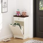 10 Gallon Tilt Out Trash Cabinet Freestanding Trash Bin Cabinet Wood Garbage Recycling Cabinet with Hideaway Drawer Pet Proof Trash Can Holder for Kitchen Living Room, Antique White (not include can) - Image 9