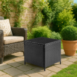 [Replace old code: 87829965] Outdoor PE Wicker Side Table with Storage, Patio Rattan End Table Square Container for Furniture Covers, Toys and Gardening Tools, Black - Image 12