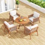 White Boho Patio Acacia Wood Chair with Woven Rope Armrests, Cushioned Outdoor Accent Chair for Porch Balcony - Image 4