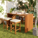 5 Piece Outdoor Bar Set, Patio Acacia Wood Bar Height Table & Four Stools with Cushions, Wood Dining Bar Set for Backyard, Poolside, Balcony, Beige Cushion and Natural Wood - Image 7
