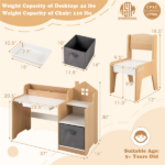 Kids Table and Chair Set with Storage Drawers House-Shaped Study Desk for Playroom Bedroom- Natural - Image 5