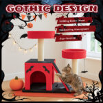 26" Gothic Cat Tree, Cat Tower with Spacious Cat Condo, 2 Padded Perches, Spider Toy, Scratching Posts, Scratching Ladder for Large Cats, Red & Black - Image 5