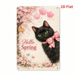 CIFbuy Hello Spring Cherry Blossom Black Cat Metal Plaque, Vintage 2D Flat Print Wall Art, Waterproof Rust Resistant Sign For Home Deco TikTok, TikTok, t Wall Art Self-pickup Logiopics - Image 2