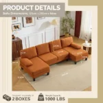 U-Shaped Convertible Sectional Sofa with 2 Chaise Lounges, 4-Seater Modular Couch with Removable & Washable Chenille Covers, 111.4" L x 48.4" D x 33.1" H L-Shaped Couches for Living Room Apartment, Heavy Duty Plastic Legs, Burnt Orange - Image 3