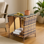 [Replace old code: 21936583] Glass Surface Yellow Gradient Iron Frame Rattan Side Table - Image 12