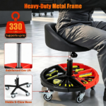 Adjustable Rolling Mechanic Stool with Backrest & Removable Tool Tray, 360° Swivel Lockable Wheels Heavy Duty 330 LBS Capacity Gas Lift Workshop Repair Seat Black Red - Image 9