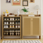42.5" Tall Rattan Shoe Cabinet with Doors, 6-Tier Wooden Freestanding Shoe Storage Organizer with Adjustable Shelves, Mid-Century Entryway Shoe Cabinet for Hallway & Living Room - Image 18