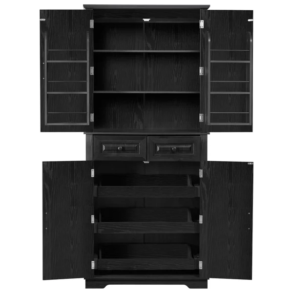 K&K 71" Tall Kitchen Pantry Cabinet with 3 Pull Out Cabinet Organizers, Farmhouse Embossed Texture Storage Cabinet with 6 Door Shelves, 2 Drawers, Freestanding Cupboard for Kitchen, Dining Room Black