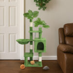 48in Plush Cat Tree with Leaves, Multi-level Cat Tower with Cat Condo, Cozy Hammock, Sisal Scratching Posts, Large Cat Pet Activity Center for Indoor Cats, Green - Image 8