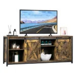 3-layer Double Barn Door with Sliding Rail X-shaped Panel TV Cabinet MDF with Triamine Retro Brown - Image 8