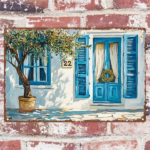 CIFbuy Vintage Greek-Style Olive Tree Metal Wall Art" Iron Plaque With Blue Door & Potted Plant Scene, 11.81x7.87inch, & Potted Plant Scene, 11.81x7.87inch, Home Gara ArtikTok, ArtikTok, t Self-pickup Logiopics