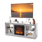 Silver Mirror Modern TV Stand with 18 Inch Fireplace Insert & Storage Shelves, Medium Density Fiberboard Fireplace TV Console for Living Room, 143 x 35 x 62 cm