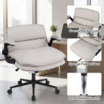 Criss Cross Chair with Flip-Up Arms, Faux Leather Cross Legged Office Chair with Adjustable Height & Rocking Function -Beige - Image 7