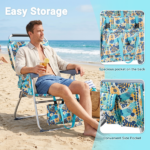 17 Inch Seat Height Beach Chair for Adults, Folding Portable Camping Chair with Headrest, Cup Holder, Side Pocket & Bottom Storage Bag, 7-Position Adjustable Aluminum Beach Chair, Heavy Duty 265 LBS Capacity, Oxford Fabric for Beach, Patio, Pool, Vintage Summer Print - Image 5