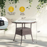 31.5" Patio Table for 4-Person, Outdoor Patio Wicker Round Dining Table, All-Weather Rattan Bistro Dining Table w/Glass Tabletop for Backyard Deck Porch Poolside, Brown - Image 20