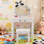 Black and white panda MDF painted finish, solid wood legs, 1-drawer children's dressing table set, LED three-color backlit touch switch - Image 15