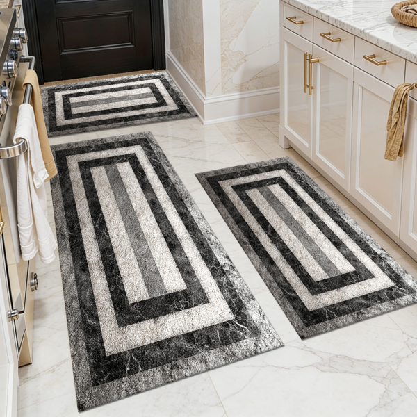 Three-piece kitchen rug set, non-slip and washable, abstract pattern kitchen hallway rug, soft and comfortable, suitable for sinks, floors, entrances, hallways and bathrooms.