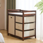 Brown painted pine wood frame children's bed with removable top, 87*53*87.5cm, includes 3 fabric drawers and 1 fabric bag, and a changing table - Image 21