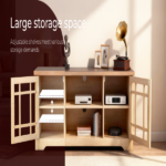 57.87 Inch TV Stand with Deep Brown Top & Natural Wood Cabinet - Double Glass Door Media Console, Laminate Particle Board Entertainment Center for TVs Up to 65 Inches - Image 11