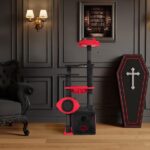 53" Large Cat Tree, Gothic Cat Tower with Padded Perch, Spacious Condo, Comfy Hammock, Scratching Post, Hanging Toy for Indoor Cats, Red & Black - Image 10